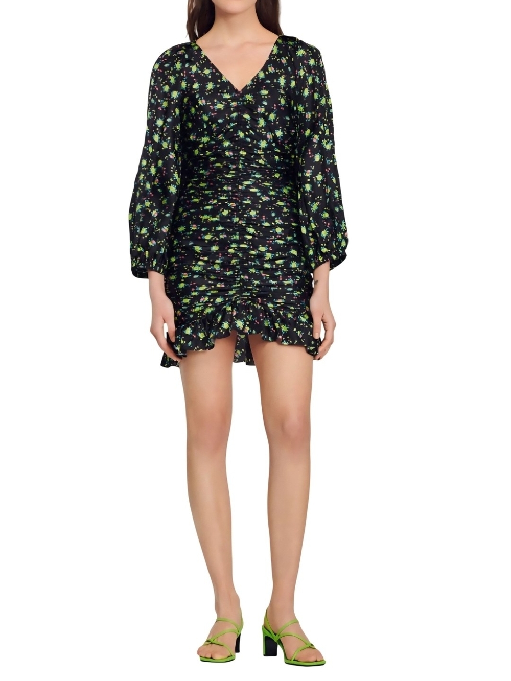 Sandro Black Mini Dress with Green Floral Print and Ruffle Hem